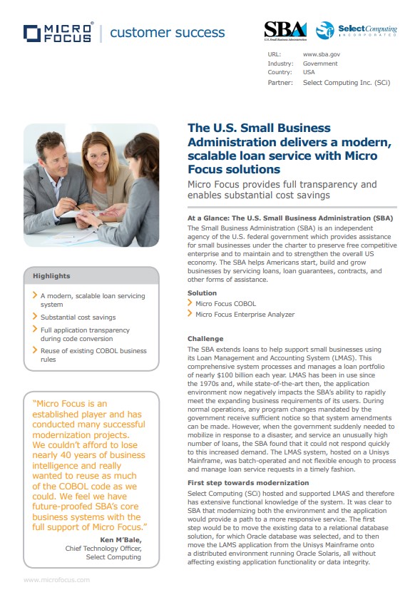 U.S. Small Business Administration Delivers a Modern, Scalable Loan Service with Micro Focus Solutions case study preview